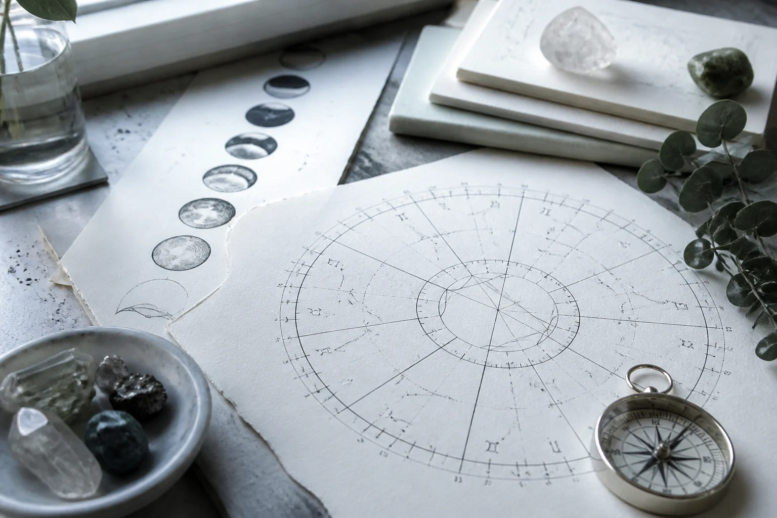 A hand-drawn natal chart with moon phase prints, a silver compass, pale notebooks, and mineral stones