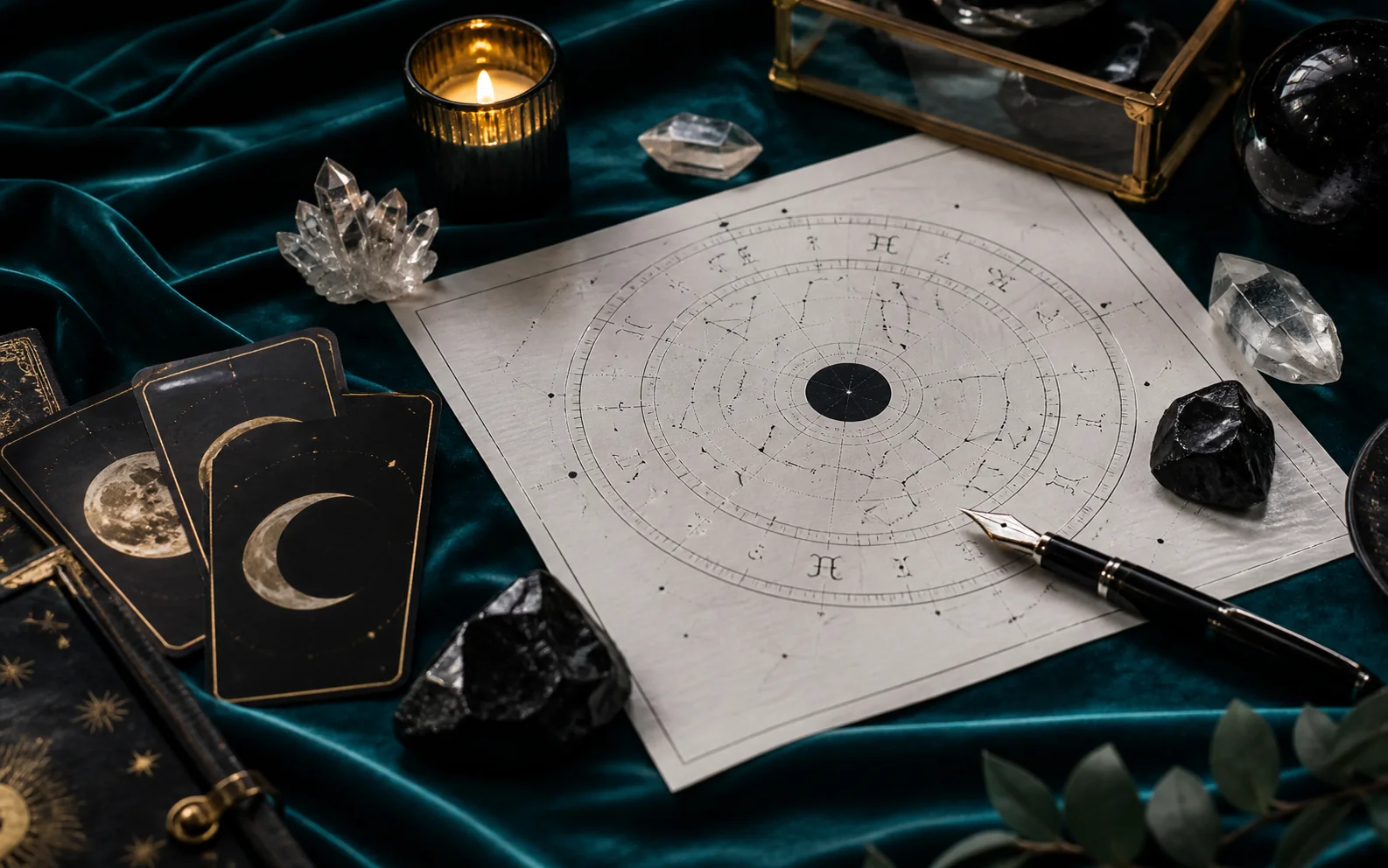 A dark teal astrology desk with a natal chart, moon phase cards, crystals, a candle, and a fountain pen