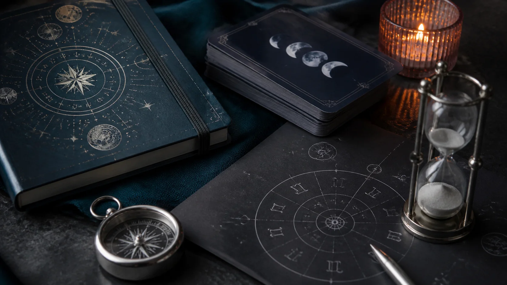 A compact spiritual planning table with a dark notebook, moon phase deck, silver compass, hourglass, and astrology diagram